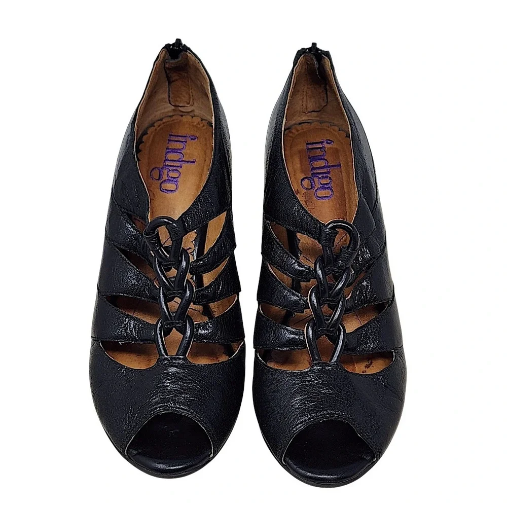 Indigo Clarks Heels 8M Wom Pumps Black Leather Strappy Peep Toe Retro Whimsigoth